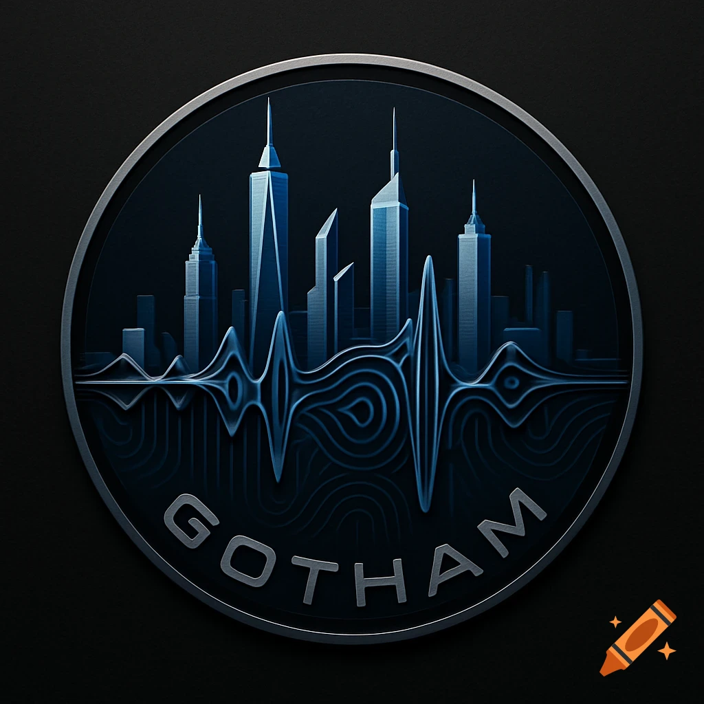 Circular logo with a dark blue cityscape acting as a spectrogram, featuring the word GOTHAM below.