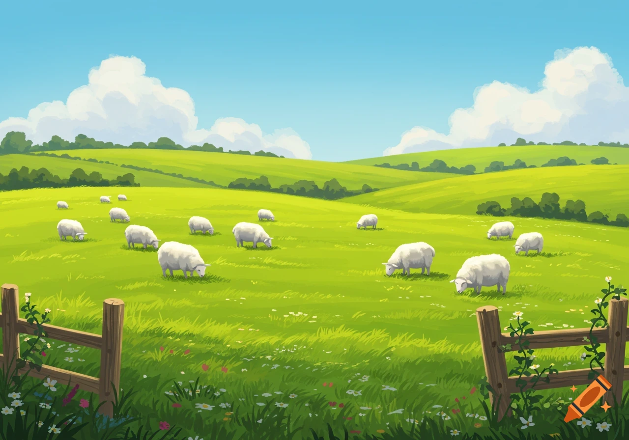 Illustrative scene of white sheep grazing in a vibrant green hilly field under a blue sky with white clouds.