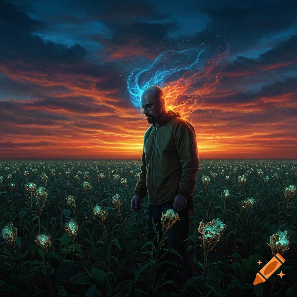 A bald man resembling Walter White stands in a field of glowing plants under a dramatic sunset, with blue and orange energy swirling around his head.