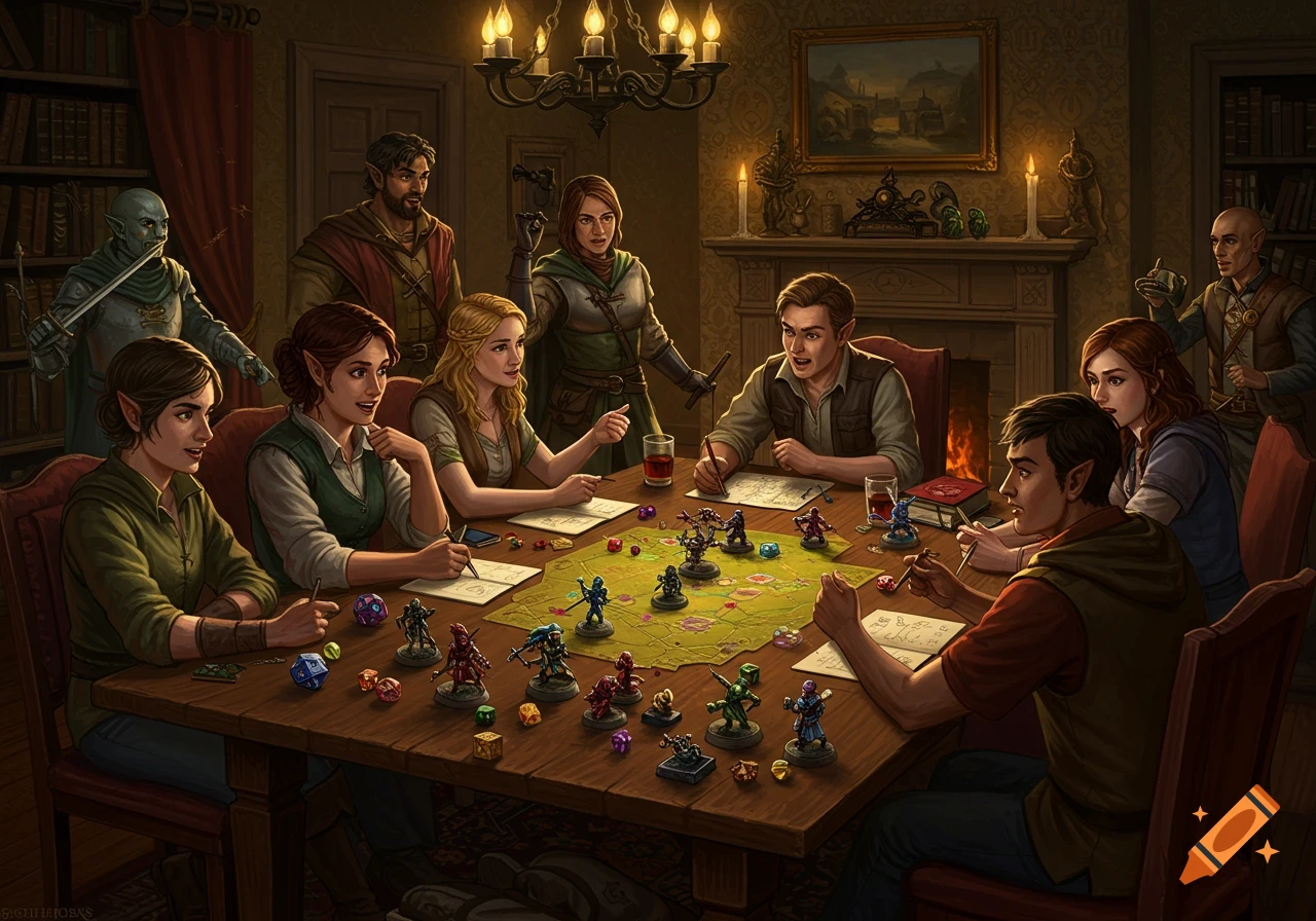 Diverse fantasy characters, including elves, enthusiastically play a tabletop role-playing game with miniatures and dice in a cozy, dimly lit room.