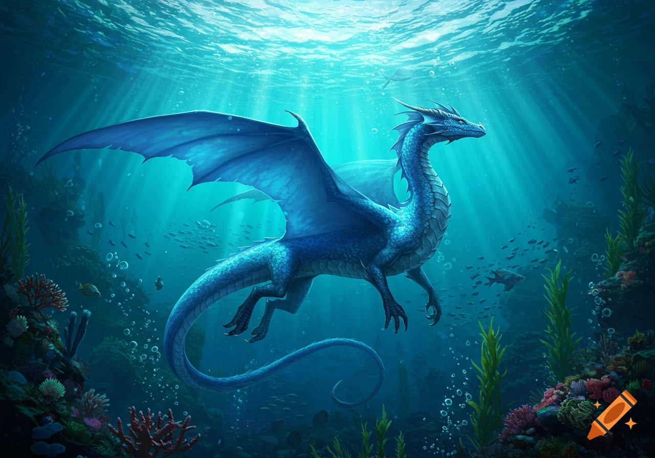 A majestic blue dragon with large wings swims gracefully underwater, bathed in sun rays, surrounded by fish and coral reefs.