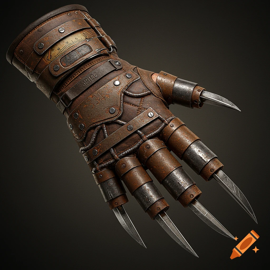 A detailed, photorealistic steampunk-style glove with rusted metal plates, rivets, wires, and sharp blades on the fingertips.