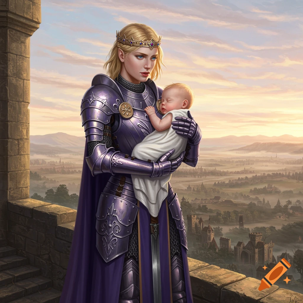 Realistic painting of a blonde warrior empress in purple armor holding her baby, standing on a castle balcony at sunset.