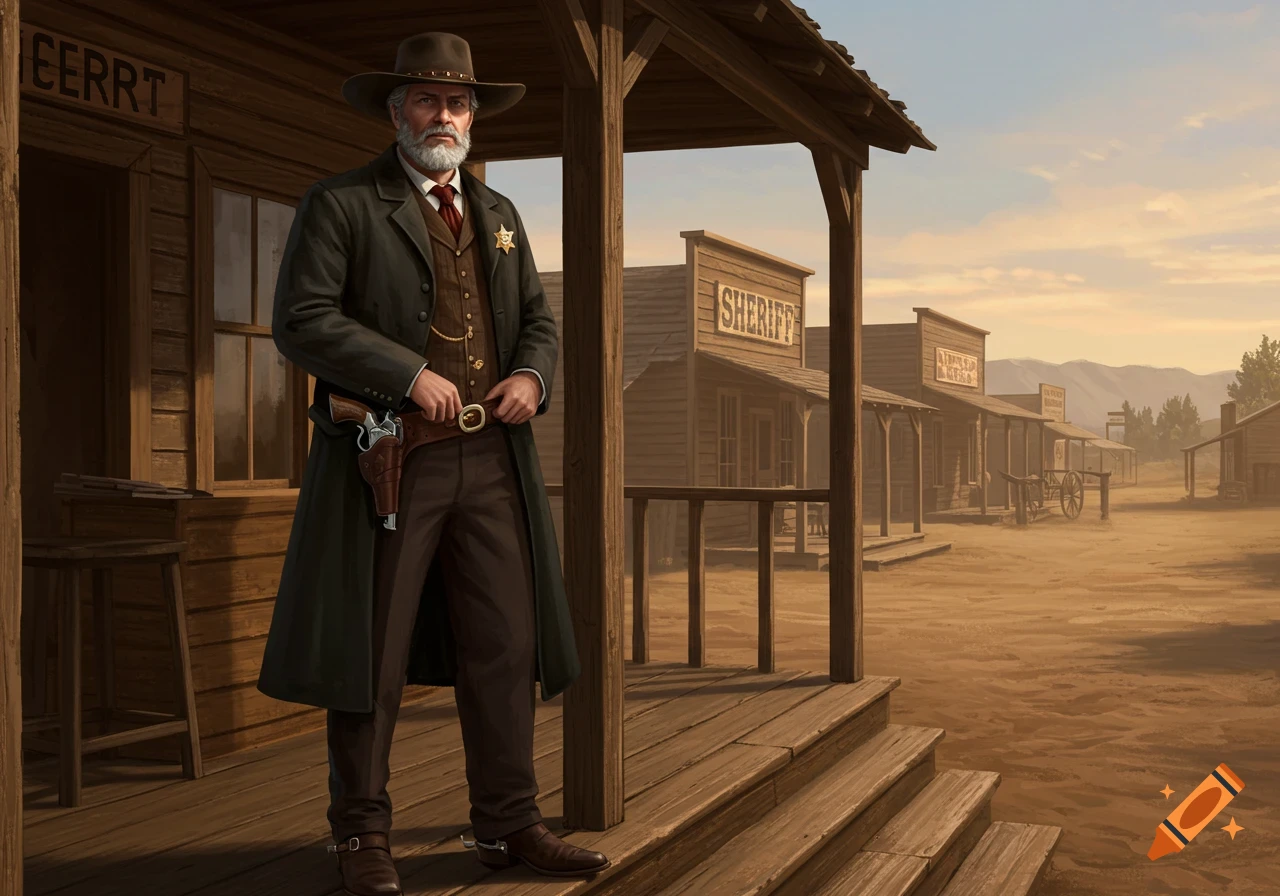 A stern-looking sheriff with a beard stands on a wooden porch in a dusty Old West town at sunset, a revolver on his hip.