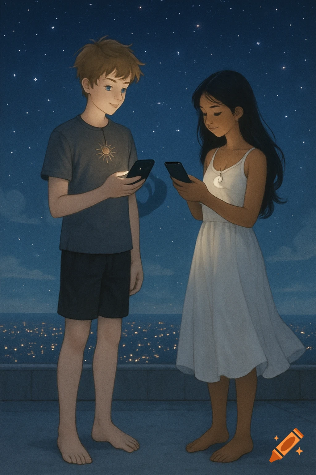Anime illustration of a boy and girl on a rooftop at night, looking at phones under a starry sky with city lights below.