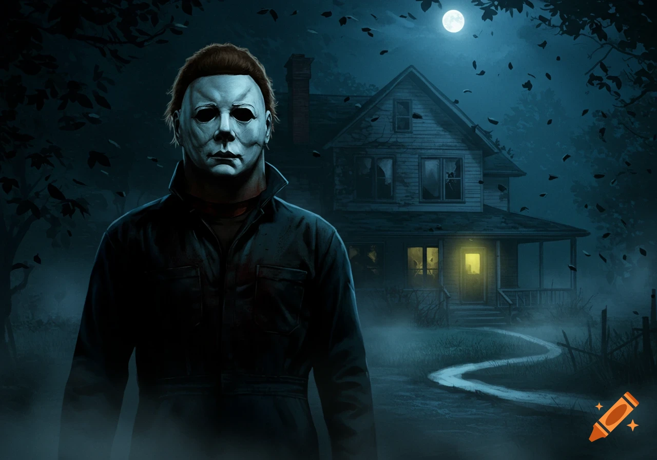A stylized illustration of Michael Myers standing in front of an old, eerie house under a full moon with falling leaves.