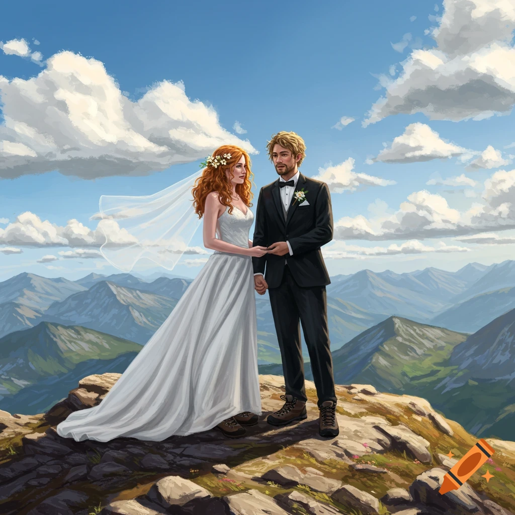 A ginger bride in a white dress and a blonde groom in a suit, both wearing hiking boots, hold hands on a rocky mountain peak under a blue sky with clouds.