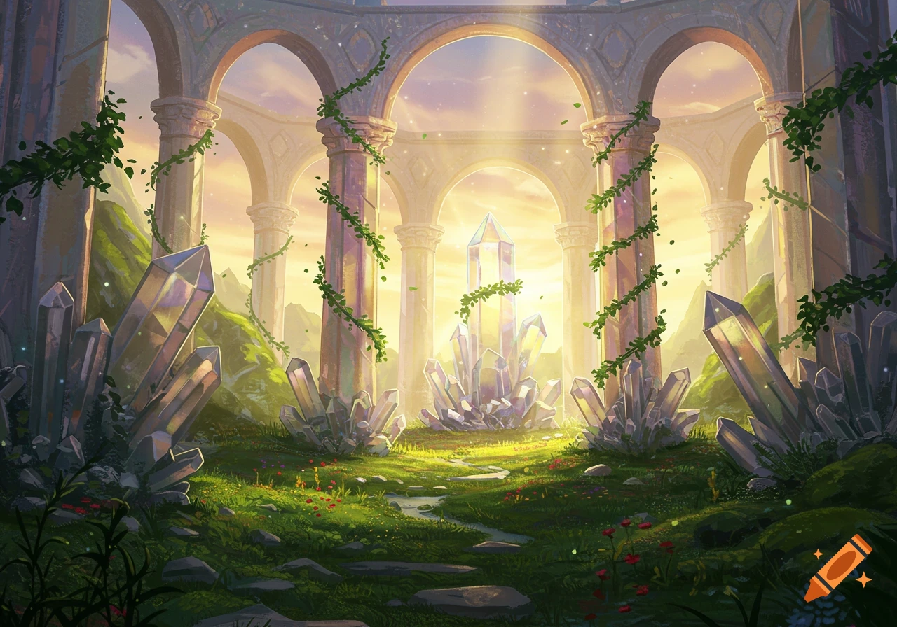 Vibrant fantasy digital painting of an ancient crystal temple ruin with overgrown arches, large glowing crystals, and lush greenery.