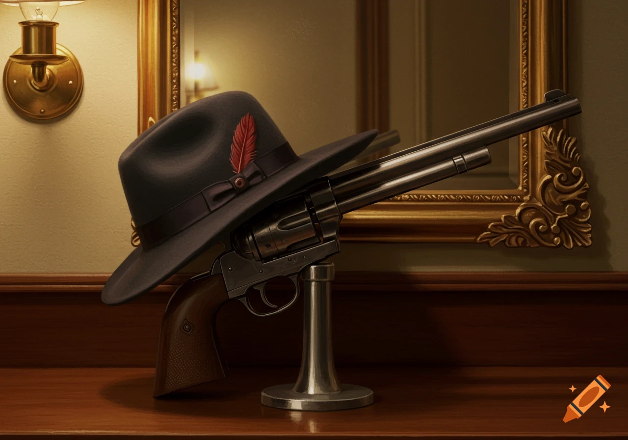 Dark fedora with a red feather rests on a silver revolver propped on a stand, set on wood before a mirror and wall sconce, in a vintage style.