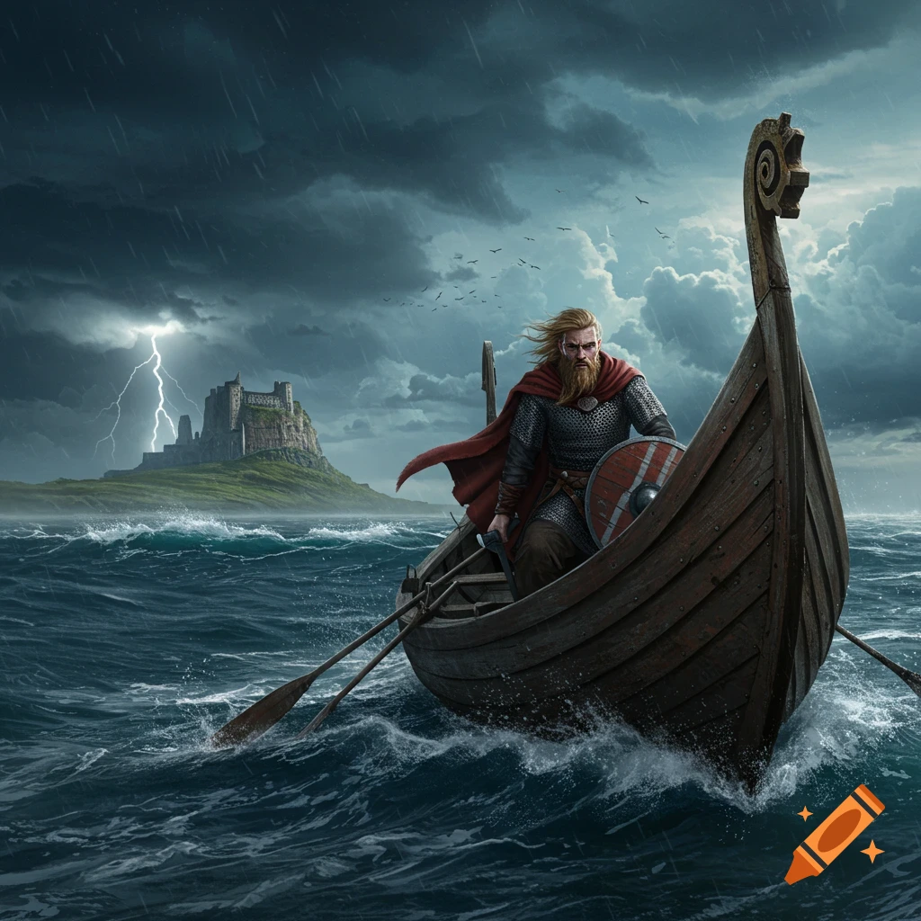 A Viking raider in a longboat on a stormy sea, with lightning striking near a distant castle.