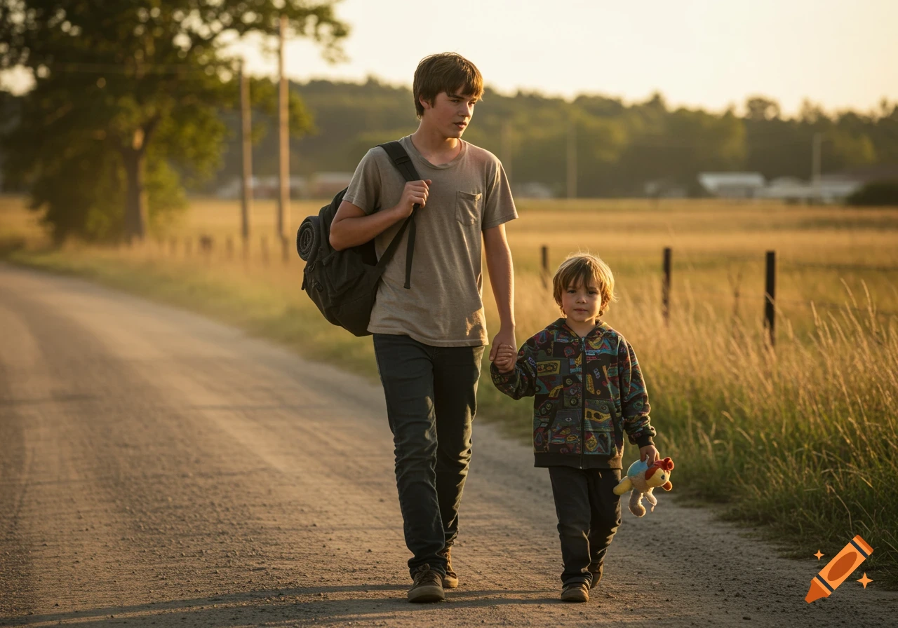 Two boys, an older one with a backpack and a younger with a toy, walk hand-in-hand on a dirt road at sunset.