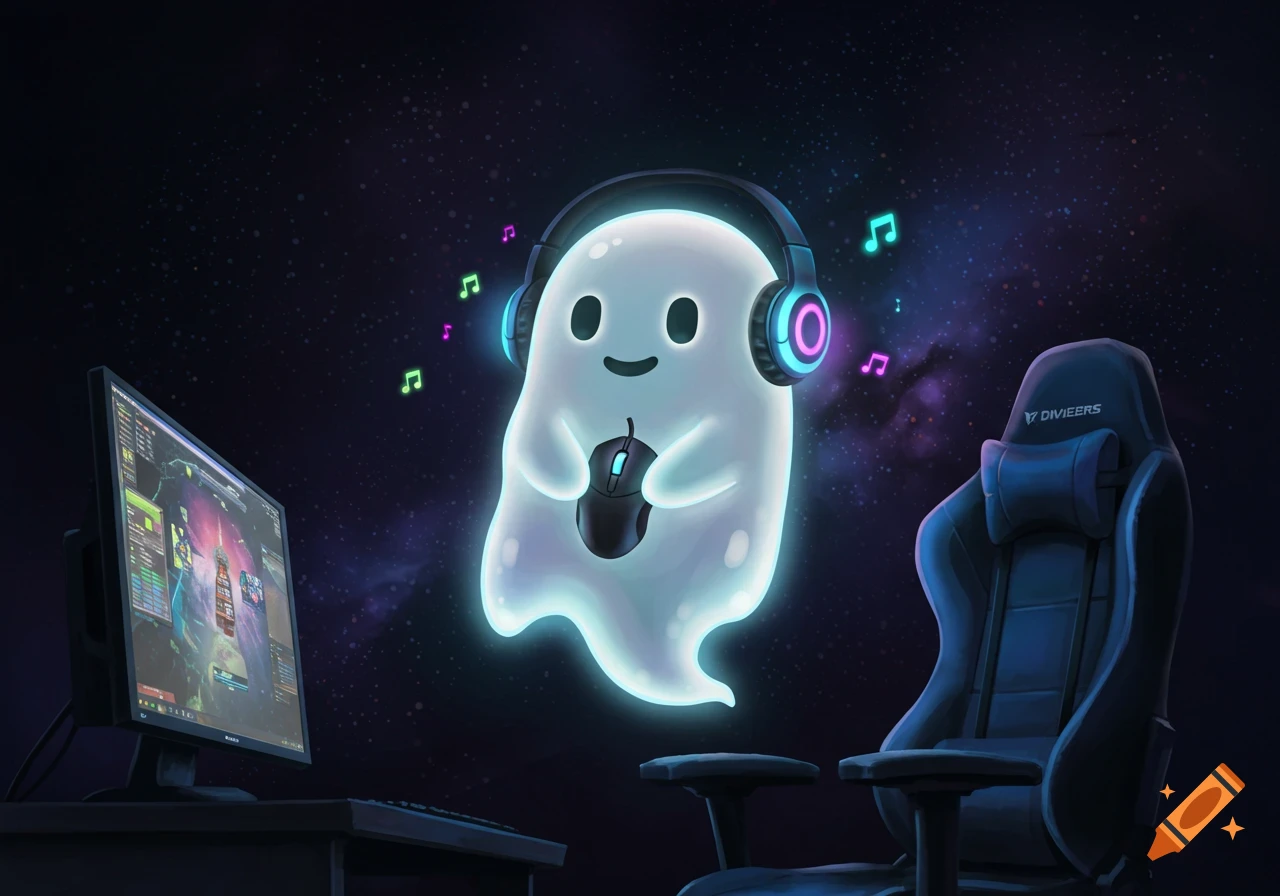 A cute, glowing cartoon ghost wearing headphones and holding a gaming mouse, floating next to a computer monitor and gaming chair in a starry space setting.