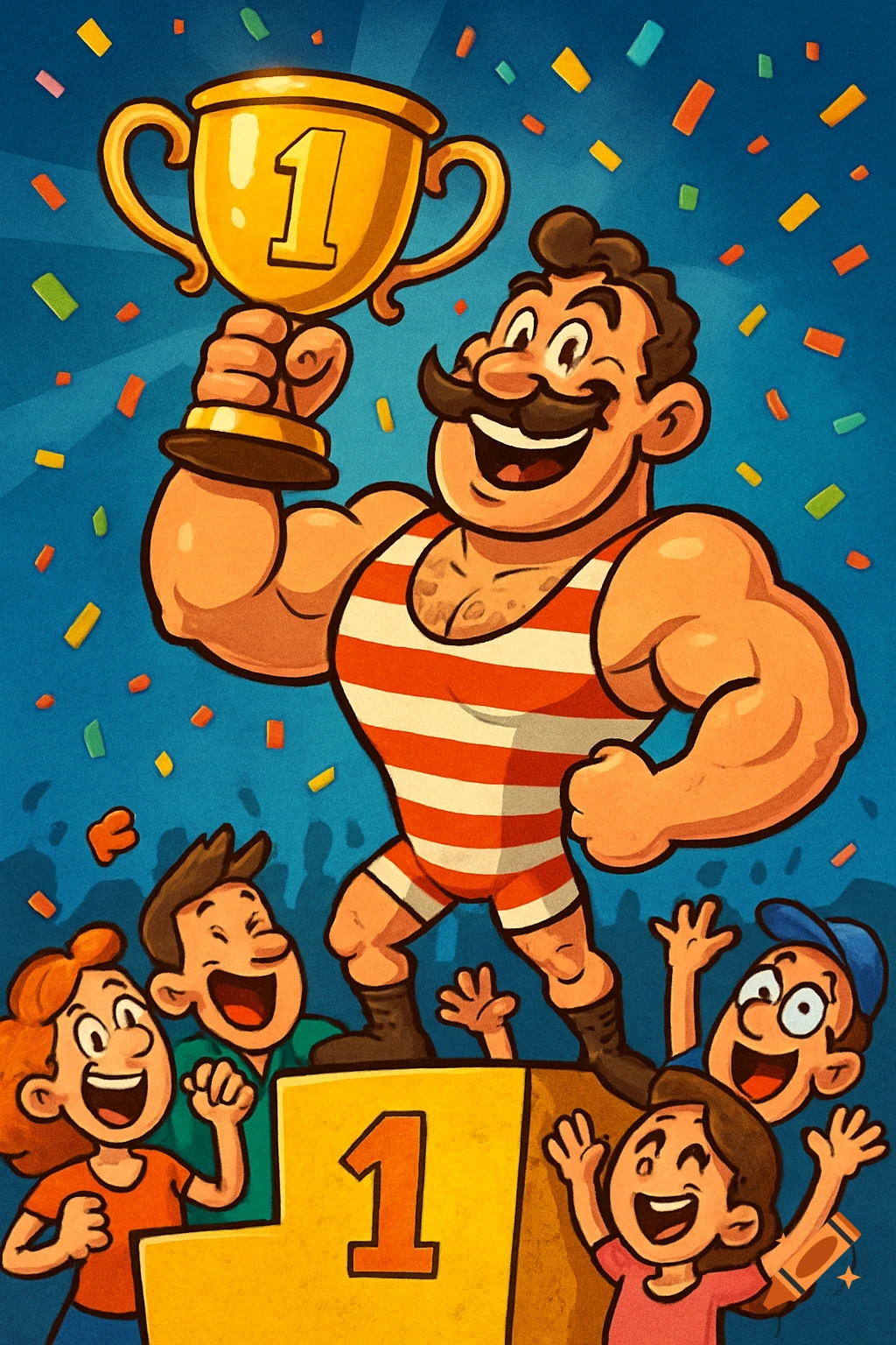 A happy cartoon strongman with a mustache holds a trophy with the number '1' on it, standing on a podium amidst cheering fans and falling confetti.