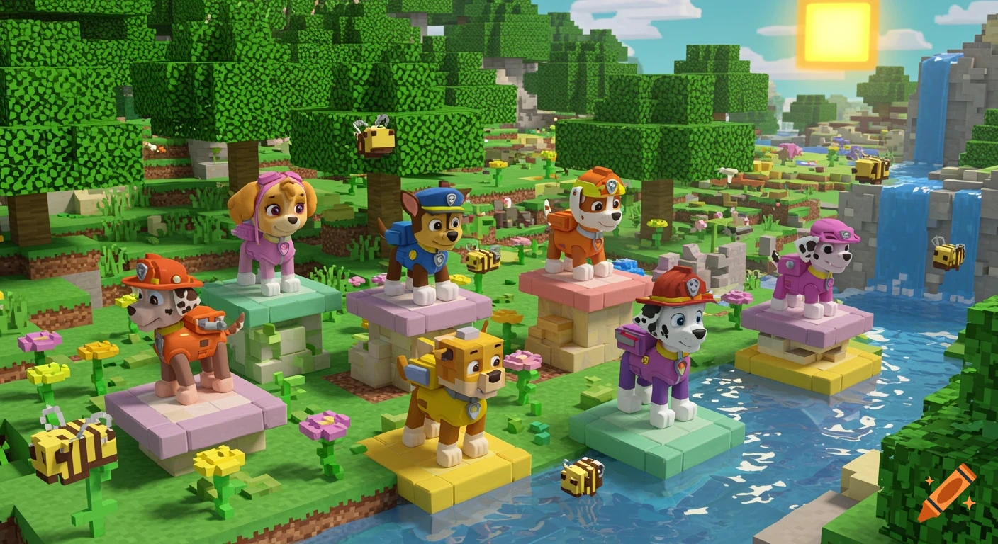 Paw Patrol pups standing on colored platforms in a vibrant, blocky Minecraft landscape with trees, flowers, river, and waterfall.