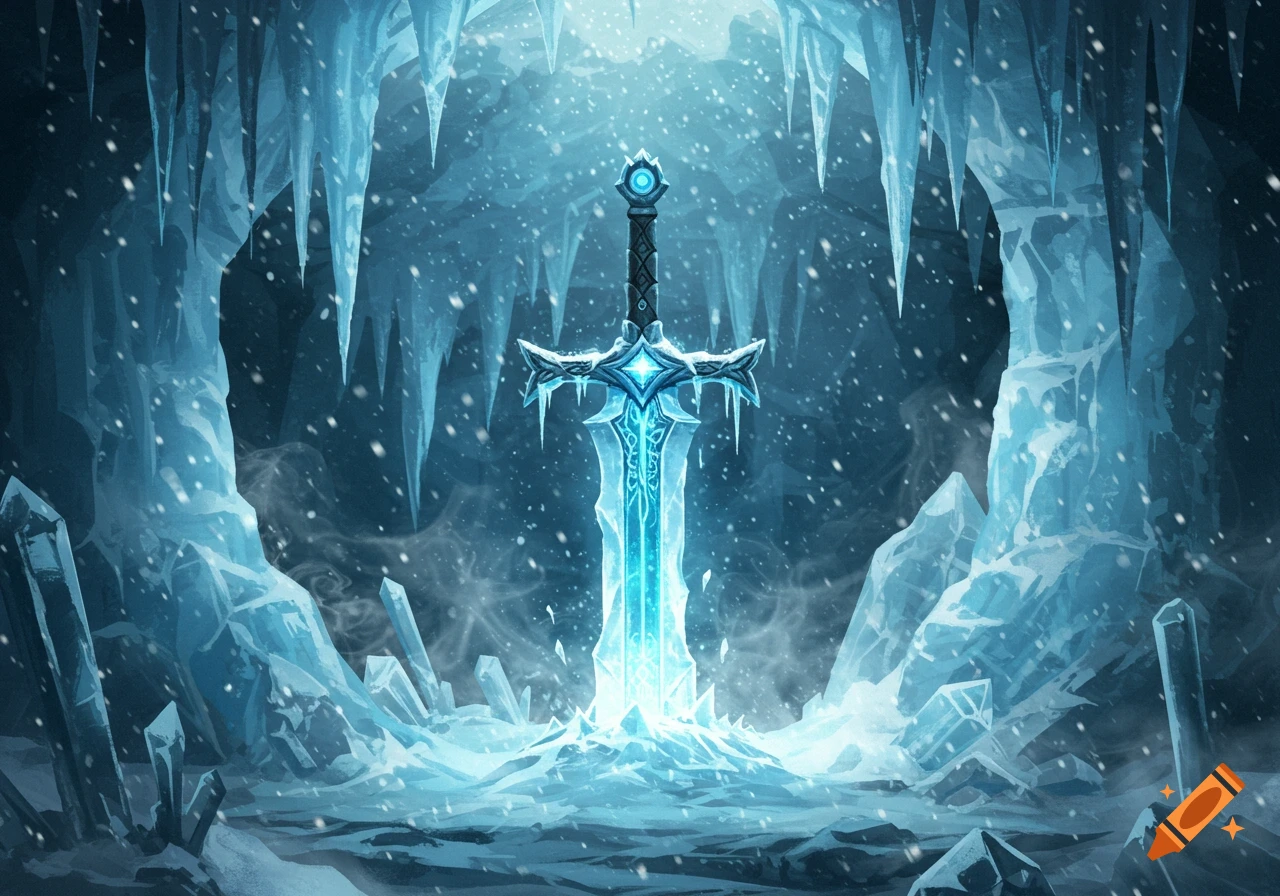 A glowing blue and white ice sword stands upright in a frozen cave filled with icicles and snow.