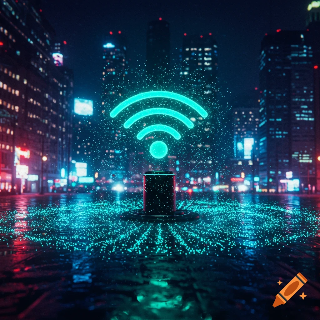 A glowing cyan WiFi symbol rises from a device in a futuristic, neon-lit cityscape at night, with luminous particles on the wet ground.