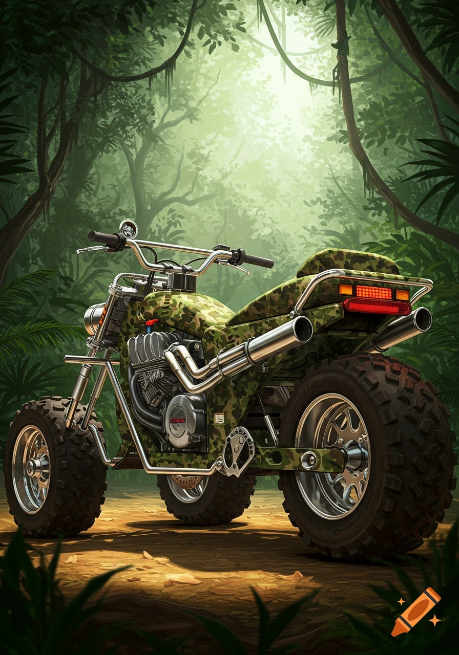 A camouflage off-road three-wheeled motorcycle with a large engine is parked on a dirt path in a dense, sunlit jungle.