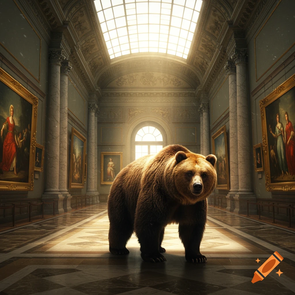 A large, brown grizzly bear stands prominently in the center of a grand, ornate art gallery, illuminated by light from a skylight.