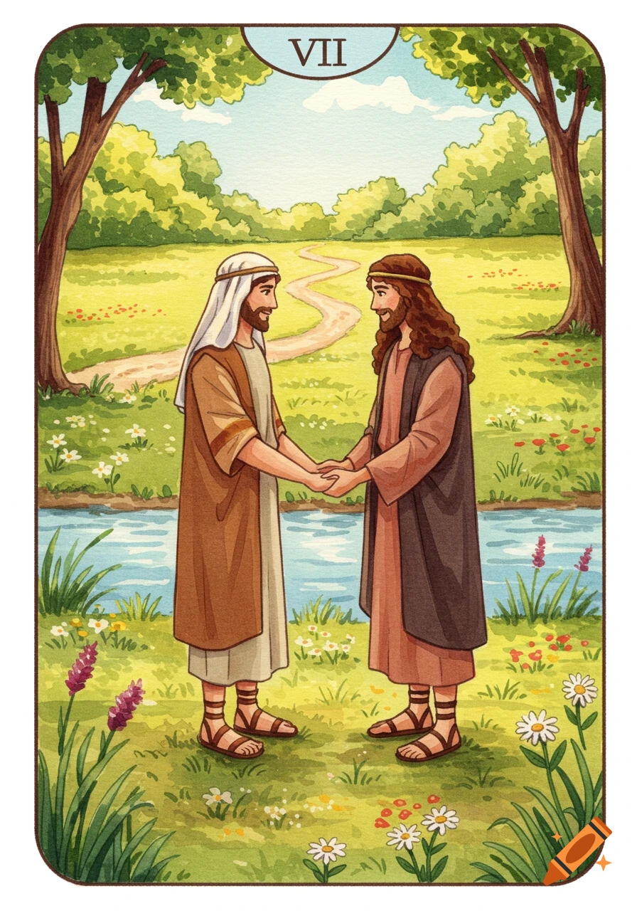 Watercolor illustration of two ancient men in robes holding hands by a river in a pastoral landscape, framed as a tarot card with the Roman numeral VII.
