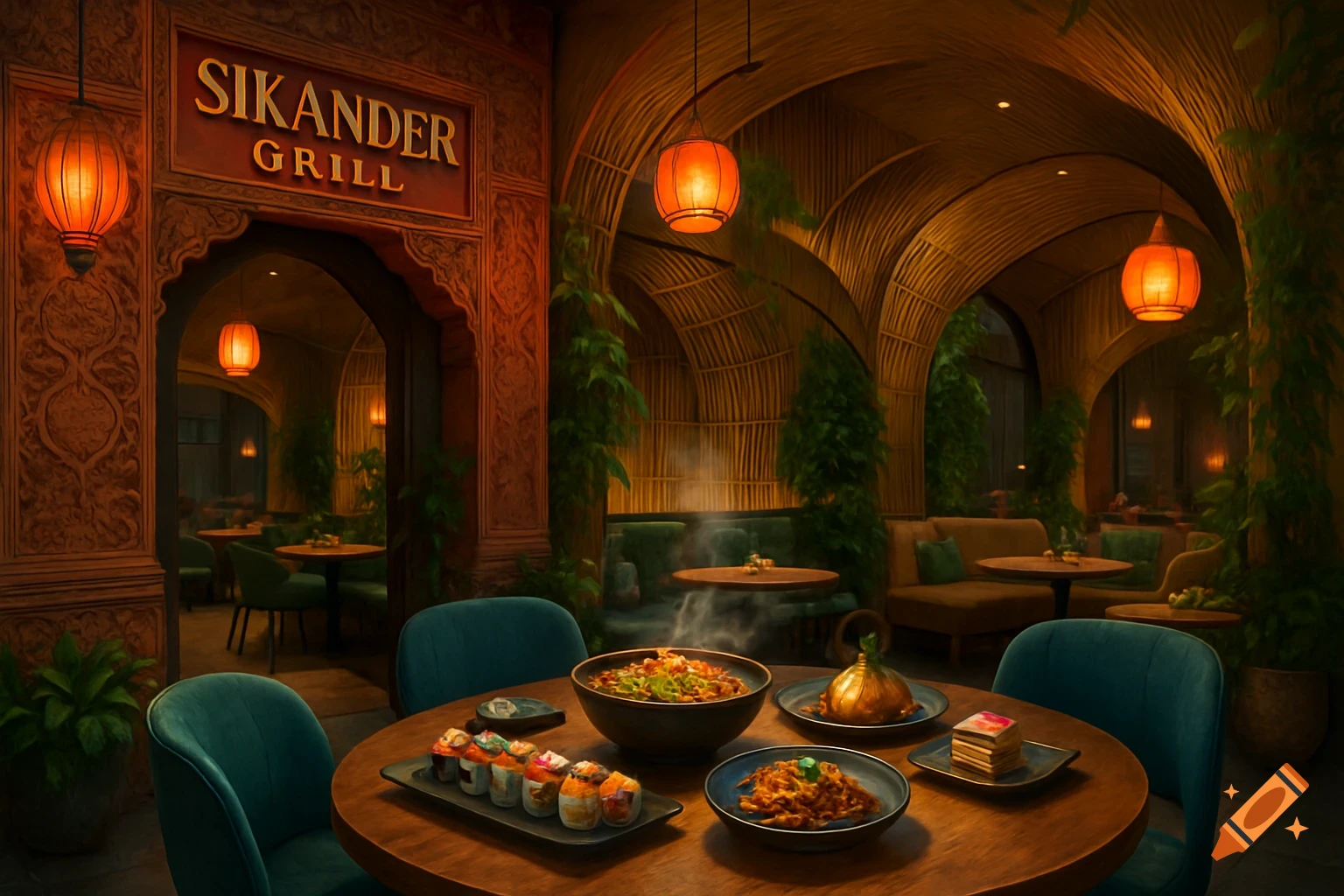 A warmly lit, ornate restaurant interior with a table set with sushi, pasta, and other dishes, and teal chairs. A sign reads 'Sikander Grill'.