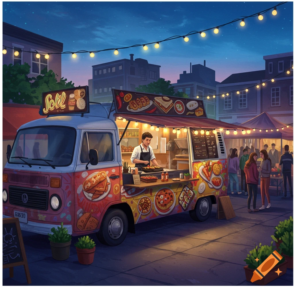An evening illustration of a colorful food van with a chef grilling food, parked at a bustling night market under string lights. People gather around nearby stalls.