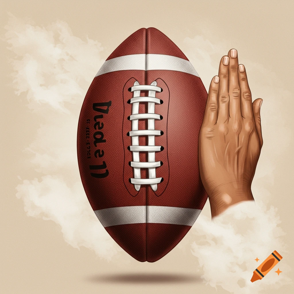An American football and a hand in prayer gesture float against a soft, cloudy background in an illustrative style.