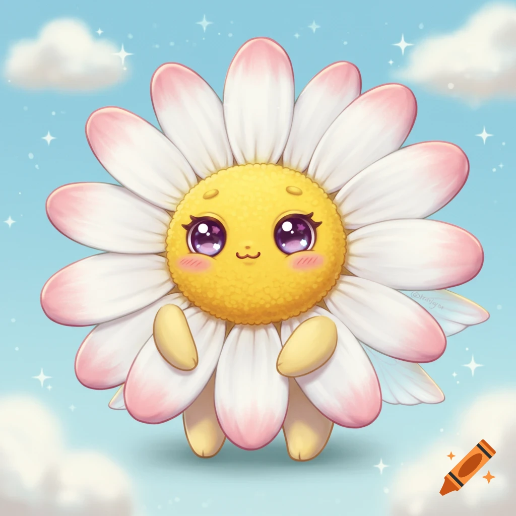 A super cute, cartoon daisy flower creature with big sparkling eyes, tiny wings, on a blue sky background with clouds.
