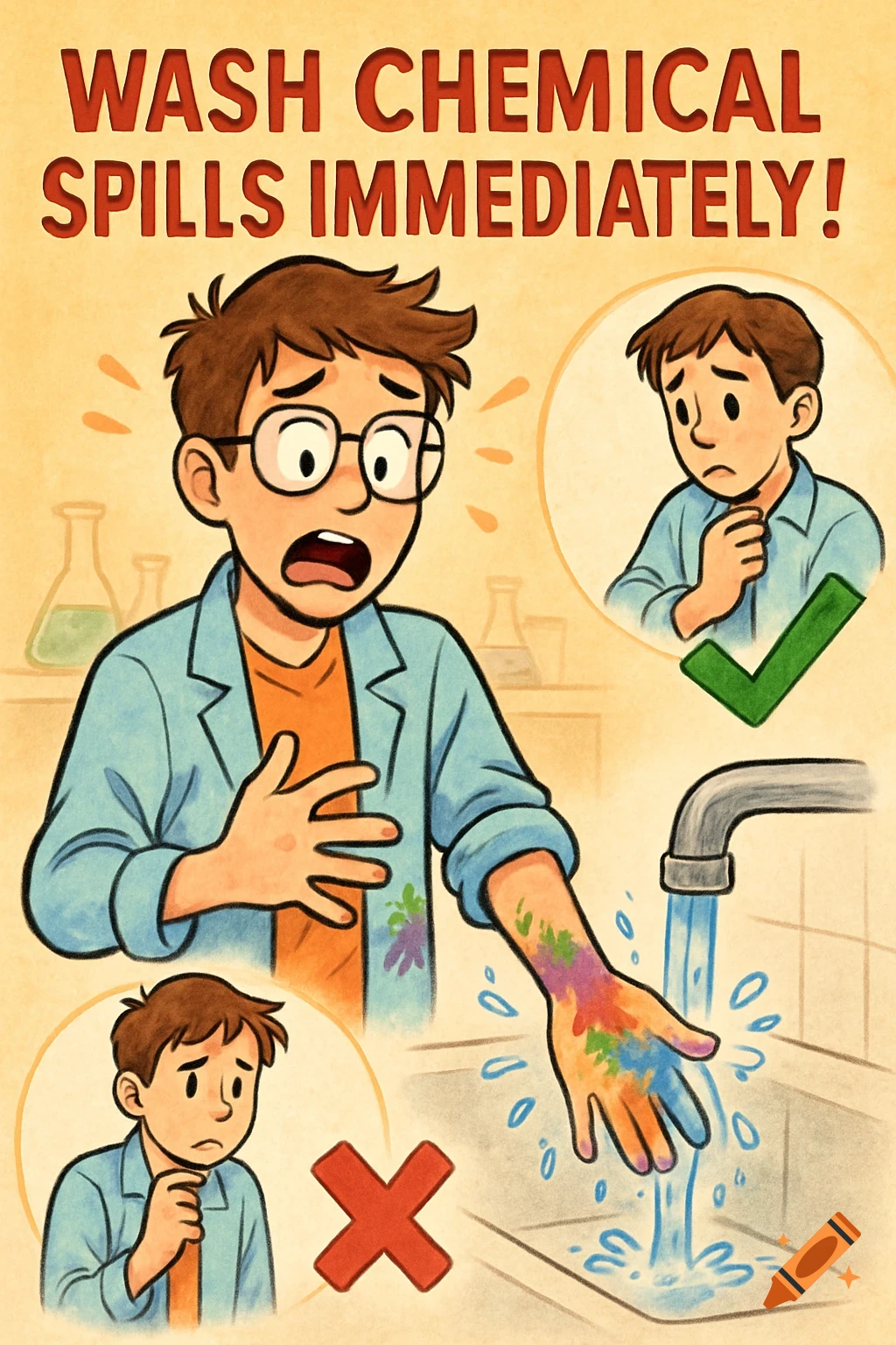 Cartoon illustration of a student washing chemical spills off their hand under a faucet, with text 'Wash Chemical Spills Immediately!'