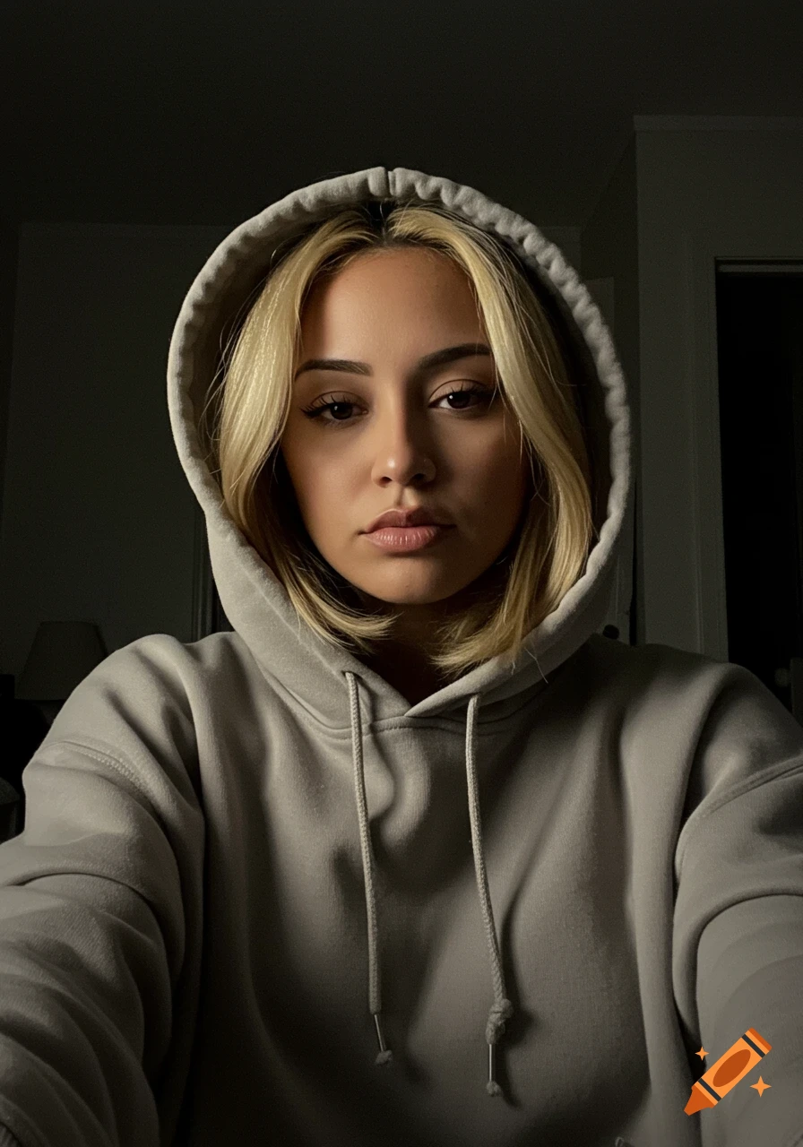 A blonde woman in a grey hoodie with the hood up takes a nighttime selfie in a dimly lit room.