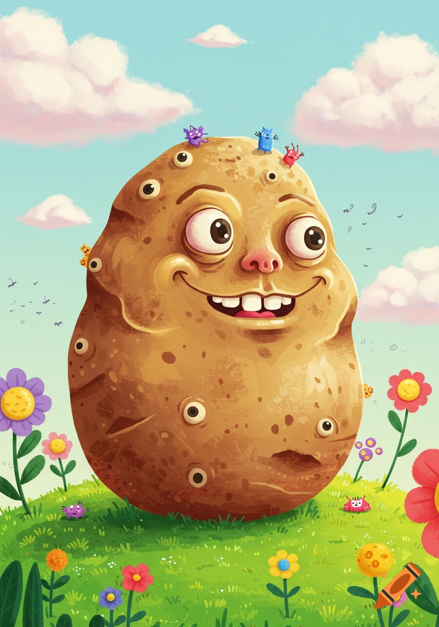 A whimsical cartoon potato with a goofy face and many eyes in a field of colorful flowers and tiny creatures.