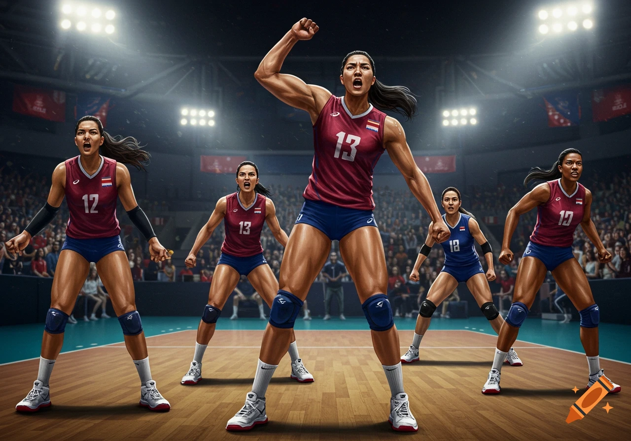 Photorealistic image of an athletic women's volleyball team on the court, celebrating intensely during a game.