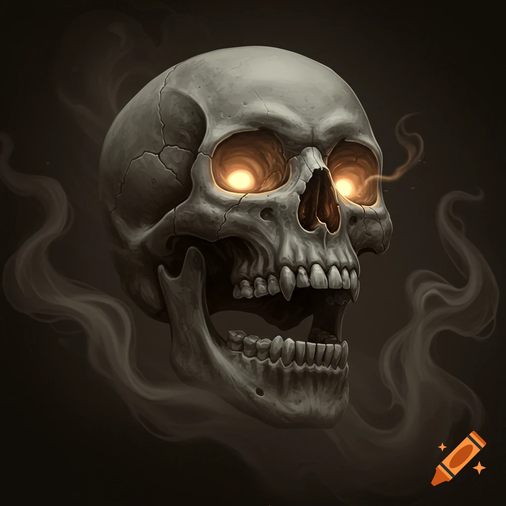 A detailed illustration of a weathered skull with glowing orange eyes, exhaling wisps of smoke against a dark background.