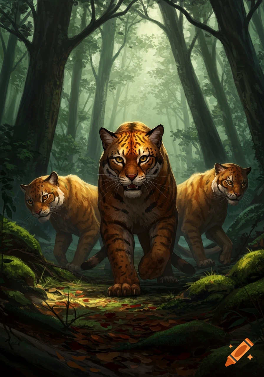 Three large, powerful feline predators walk through a dark, misty forest in a stylized illustration.