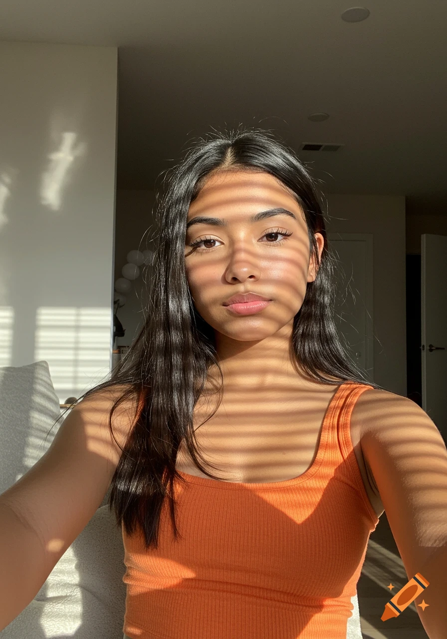 A beautiful young woman with long dark hair and an orange crop top, illuminated by sun stripes from blinds.