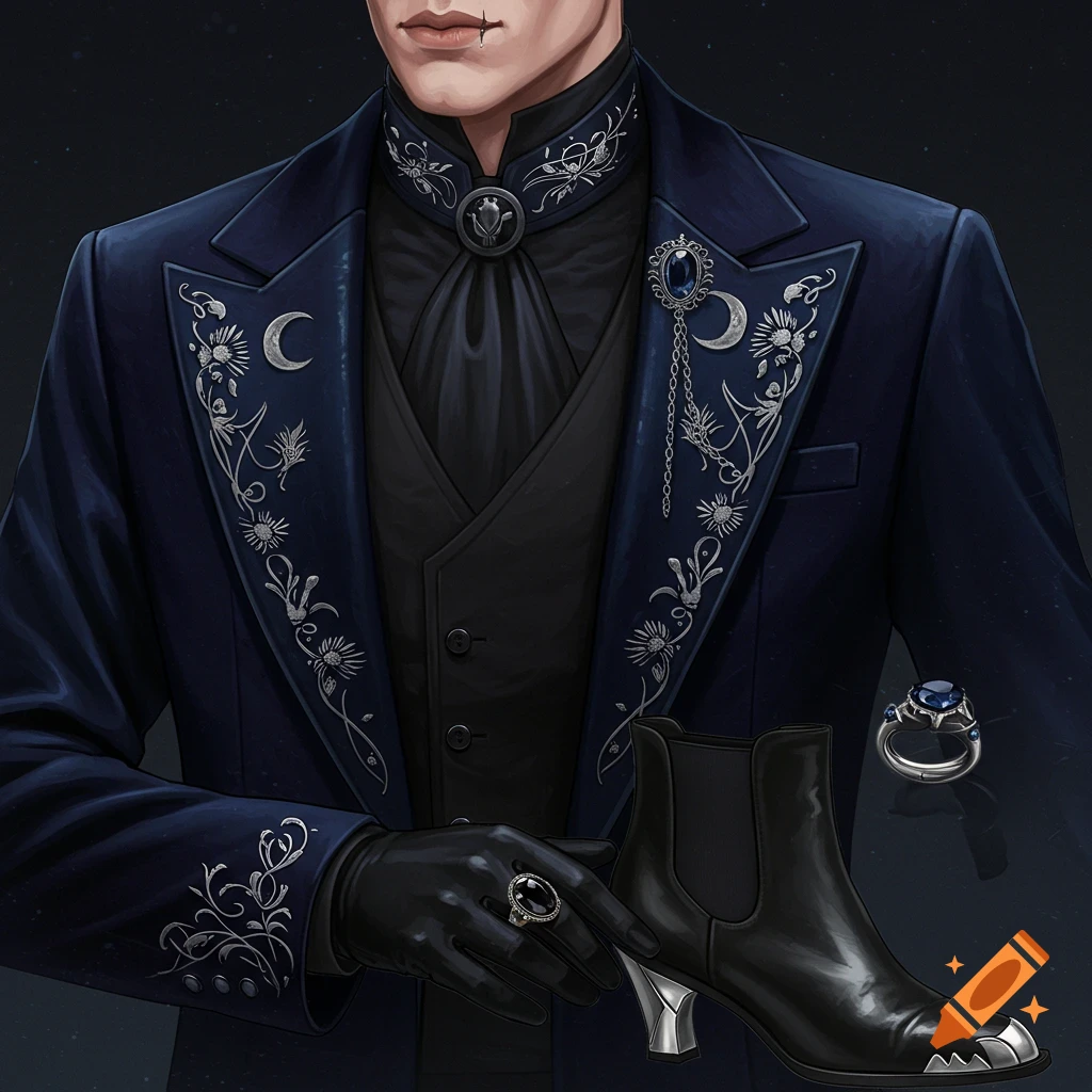 Close-up of a man in a dark blue suit with silver embroidery, black gloves, and a black boot. He wears an onyx ring and a chain brooch.