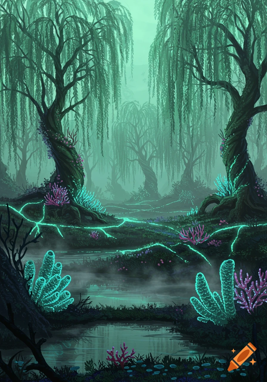 A dark, misty fantasy forest with bioluminescent teal and magenta glowing plants, willow trees, and a shallow pond.
