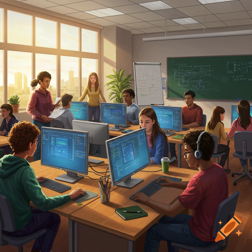 Diverse students in a sunlit computer classroom work on desktops; a blackboard and whiteboard are in the background. Illustrative style.