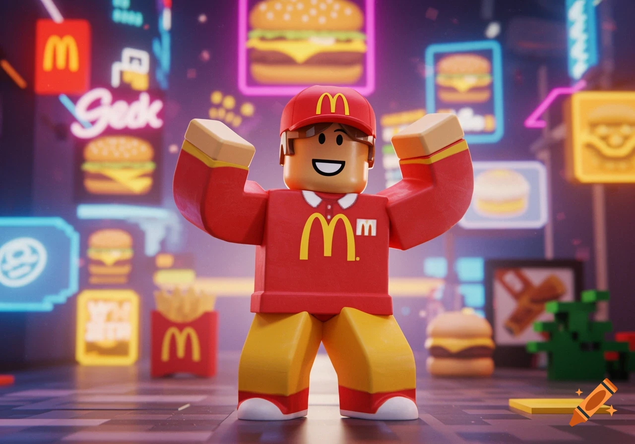Roblox character in a McDonald's uniform and cap, standing in a neon-lit, McDonald's-themed arcade-style environment with burgers and fries.