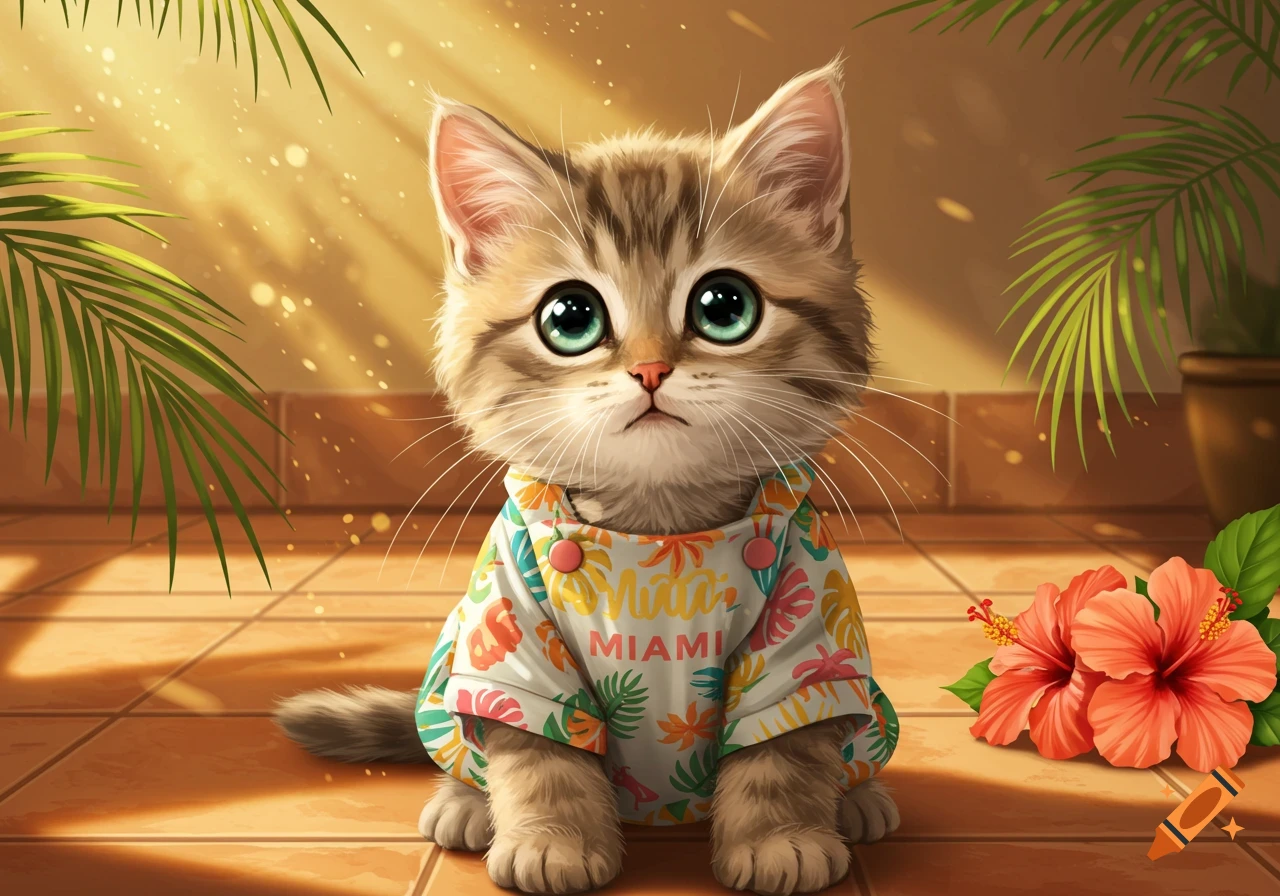 A cute tabby kitten wearing a colorful Hawaiian shirt with 'MIMI MIAMI' text, sitting on a tiled floor with palm leaves and hibiscus flowers.