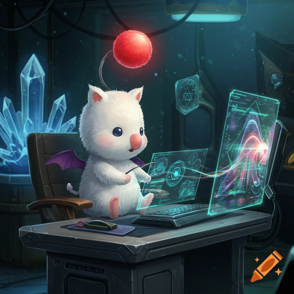 A cute white Moogle from Final Fantasy sits at a desk, looking at glowing holographic computer screens in a dark, futuristic room.
