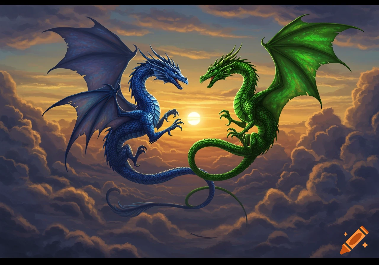 A blue dragon and a green dragon face each other in flight against a dramatic sunset sky filled with clouds.