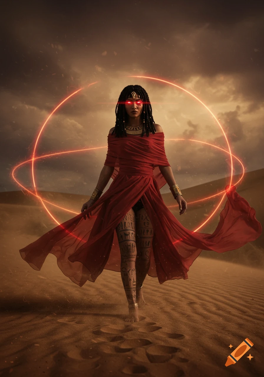 A powerful Egyptian mage princess with glowing red eyes and hieroglyph tattoos, wearing a red dress, walks in a desert with red energy rings.
