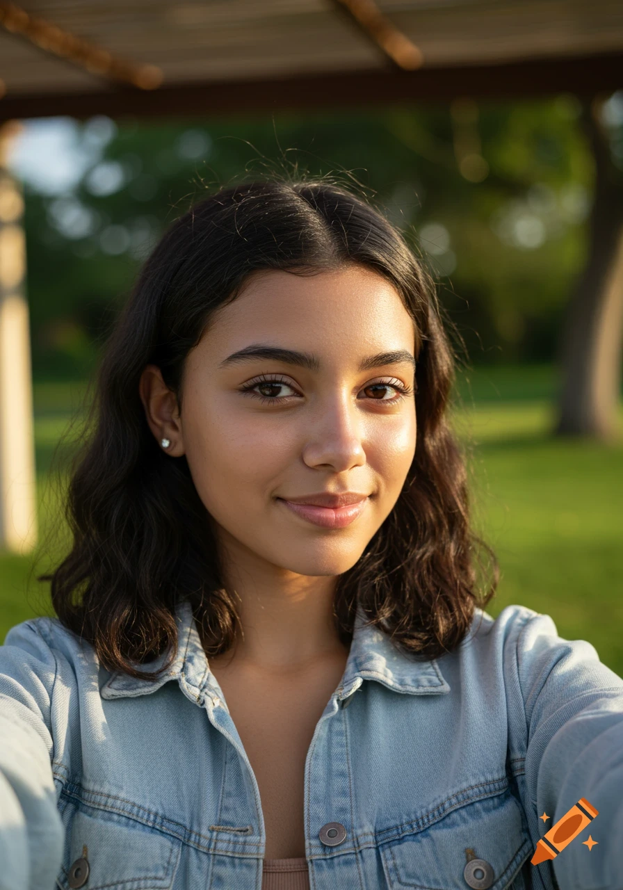 A smiling teenage Hispanic woman in a denim jacket takes a selfie outdoors in natural sunlight with a green background.