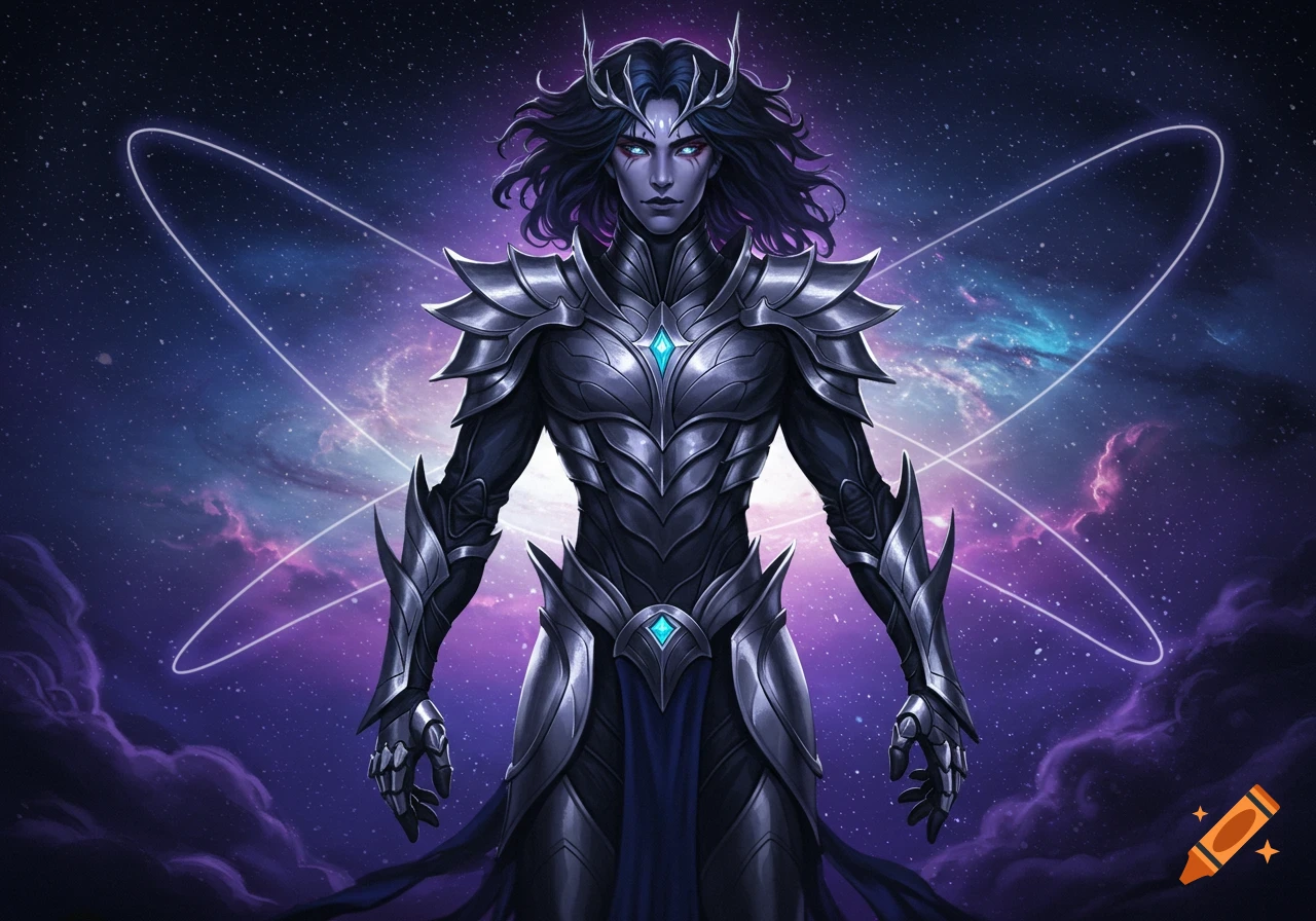 Dark fantasy warrior in intricate armor with glowing eyes against a cosmic nebula background.