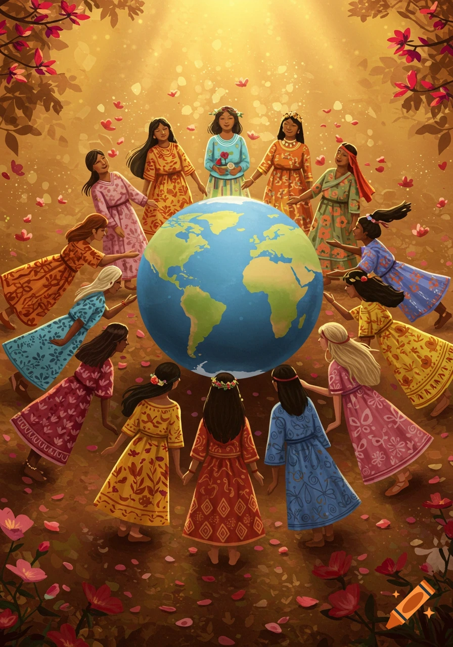 Colorful illustration of diverse women and girls holding hands around a globe in a warm, floral setting.