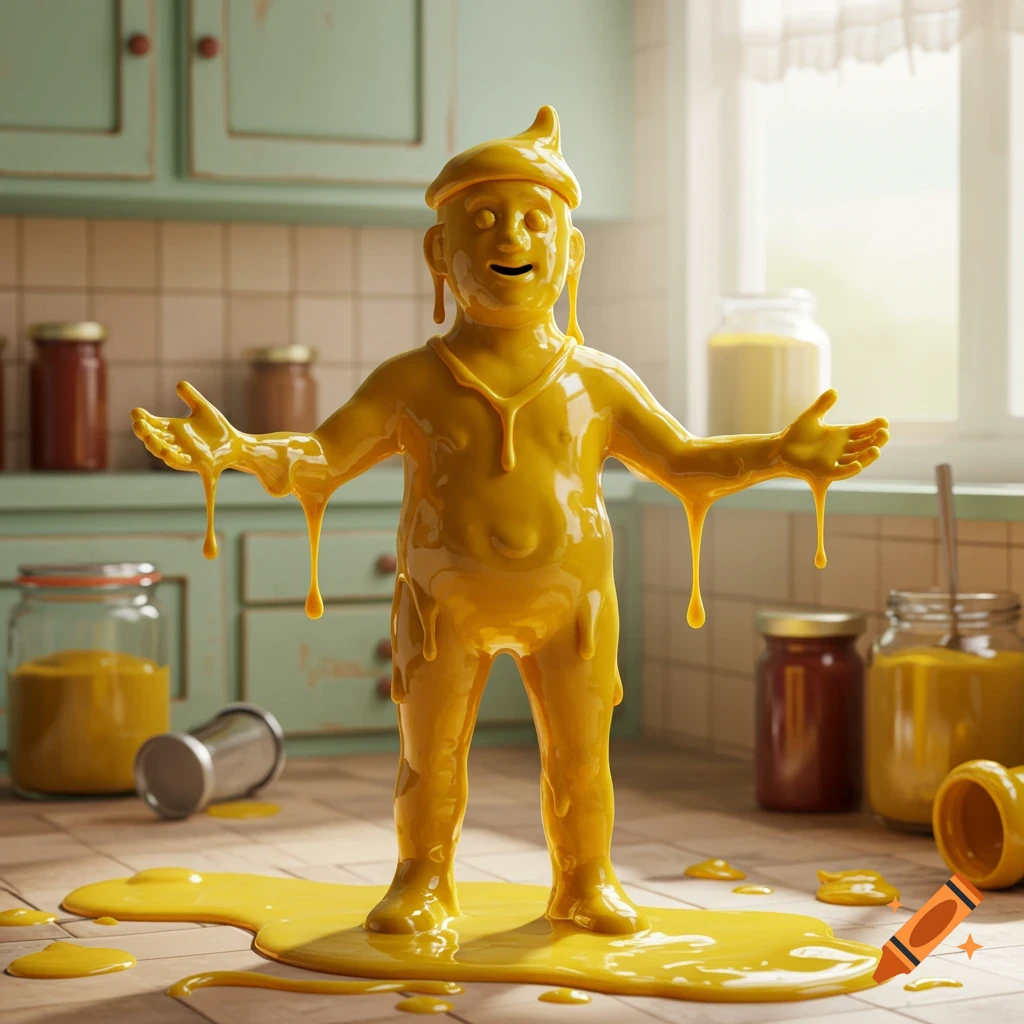 A human-like figure made of dripping yellow mustard stands in a kitchen, surrounded by jars and spills on the floor.