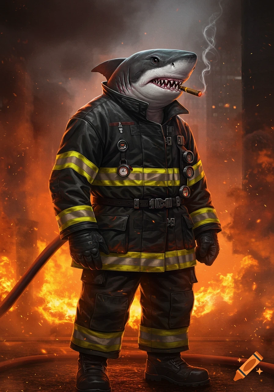 Anthropomorphic shark in a firefighter uniform, smoking a cigar, standing before a raging fire.