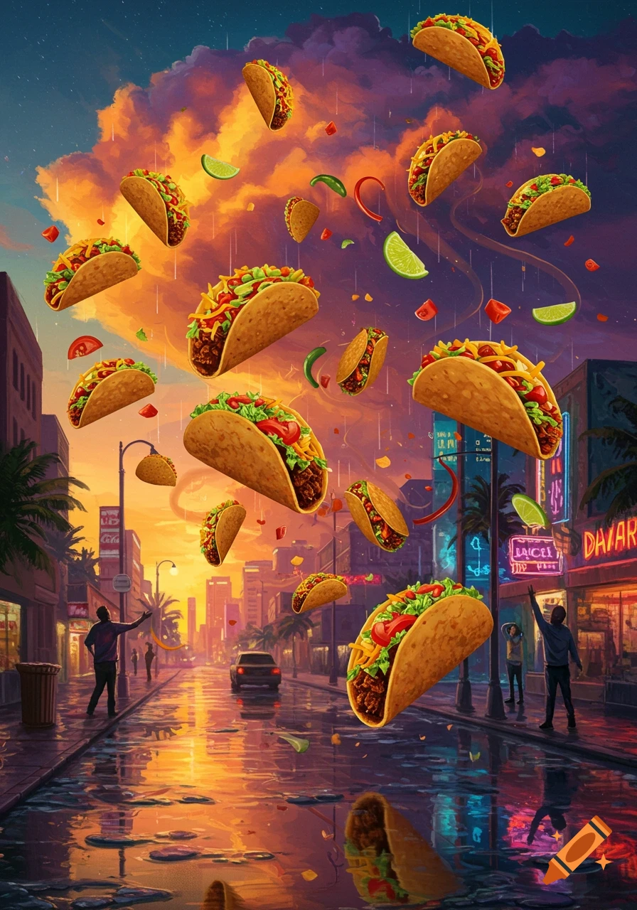 A vibrant, surreal image of tacos, lime, and chili peppers raining down on a wet city street at sunset, with people looking up.