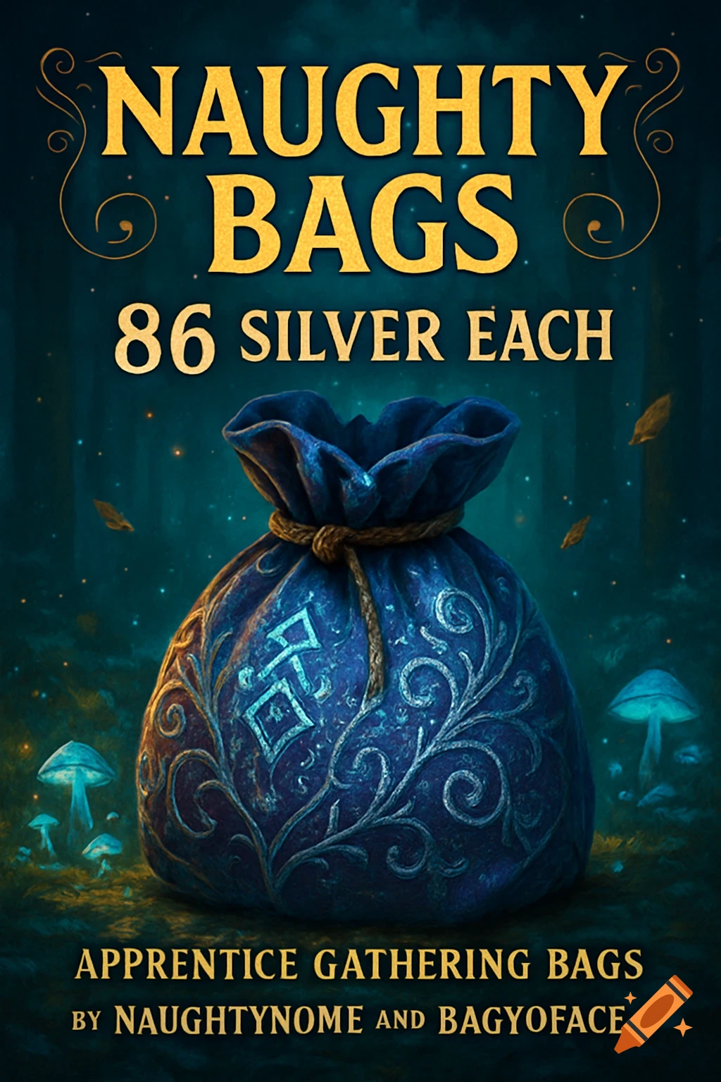 An ornate blue gathering bag sits in a mystical, dark fantasy forest with glowing mushrooms, advertising 'Naughty Bags'.