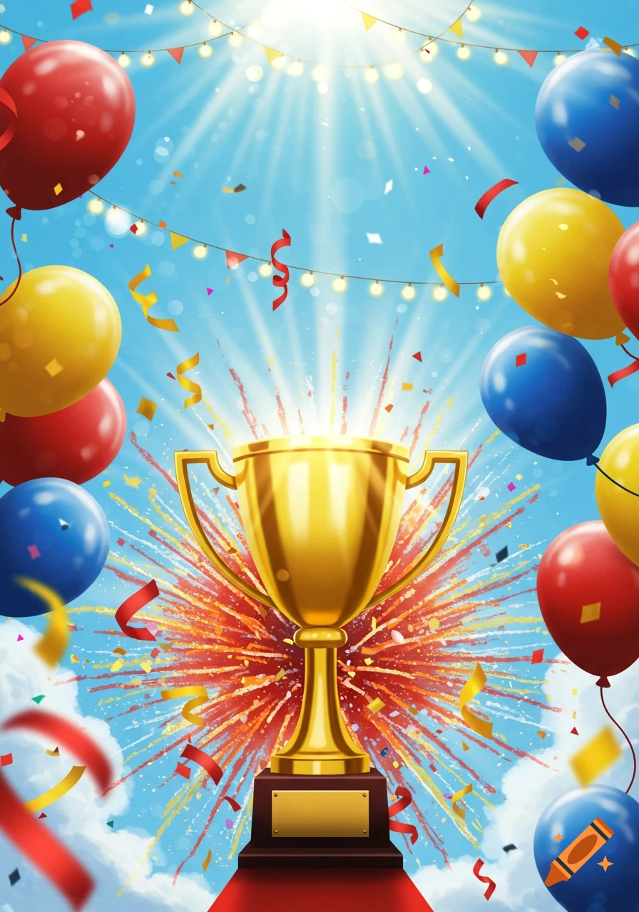 A golden trophy glows amidst colorful balloons, confetti, and festive lights against a bright blue sky.